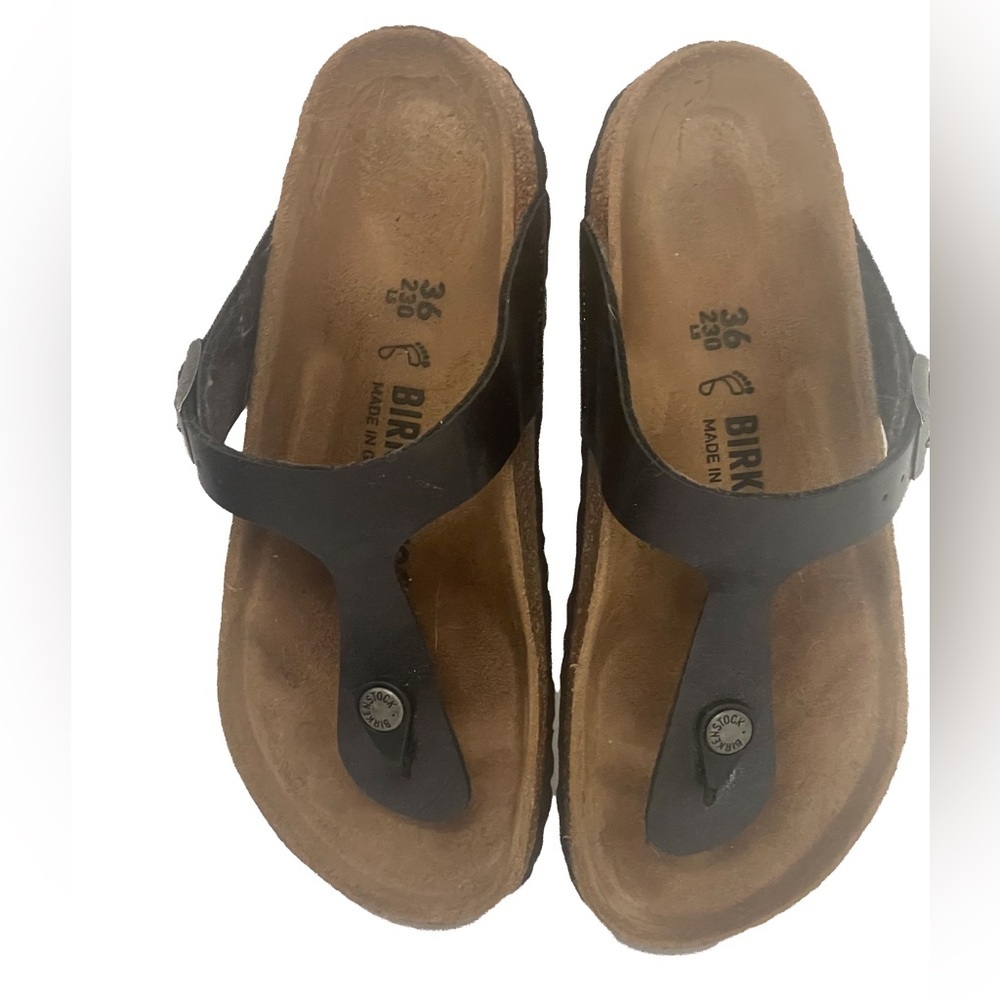 Black Birkenstock Gizeh Sandals Leather Upper Natural Cork Footbed Size EU36